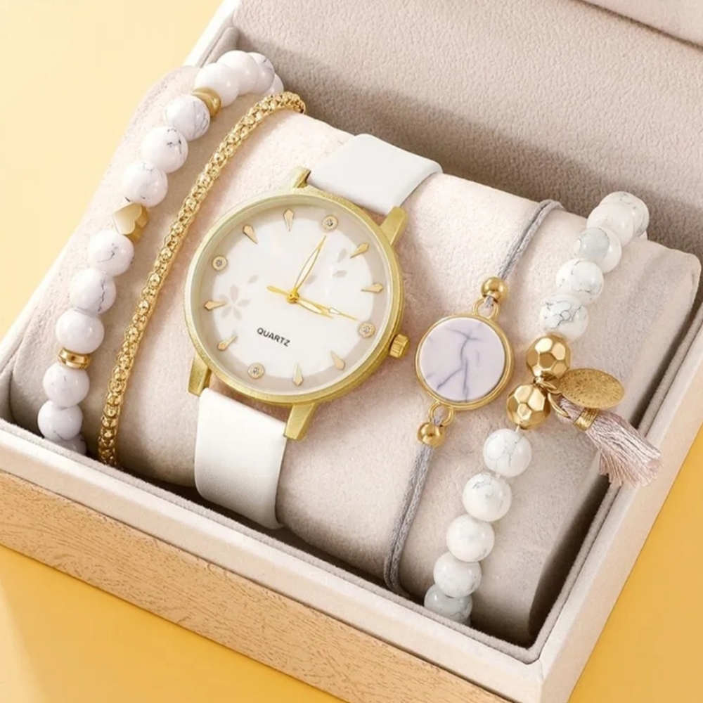 4 pieces set of leather watch and 3 white bracelets
